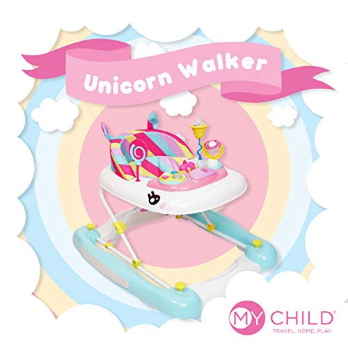 MyChild Unicorn 2-in-1 Walker Rocker, Pink Rainbow - Activity Center Baby Walker - Easy fold Frame for Storage - 6 Months + Anti Fall Blocks for Extra Safety and 3 Height Adjustment.