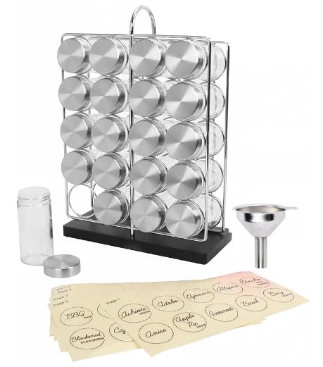 Orii 20 Jar Spice Rack Stainless Steel with Spices Included - Standing Rack Shelf Holder & Countertop Spice Rack Tower Organizer for Kitchen Spices with Spice Refills for 5 Years