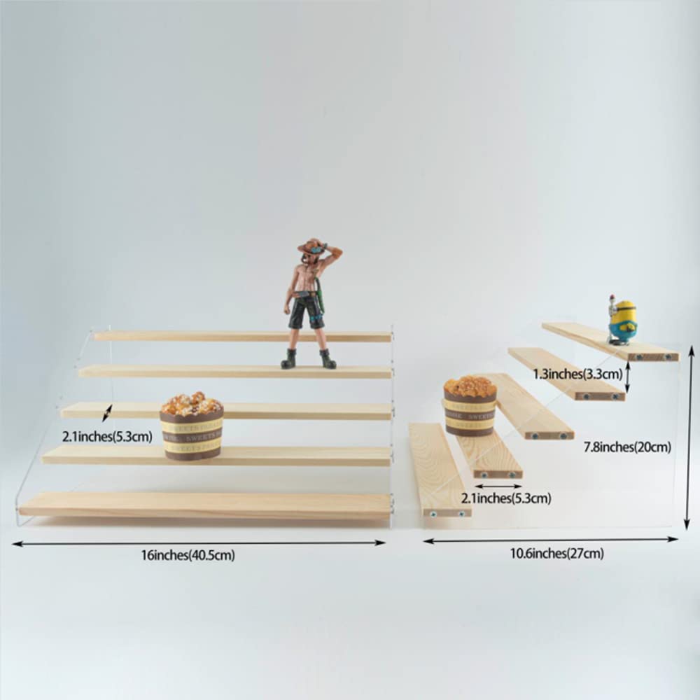 PACKGILO 2 Pack 5 Tier Acrylic Display Stand for Figures Wooden Risers Display Case for Craft Fair Acrylic Cupcake Stand for Dessert Table Top Jewelry Displays for Craft Shows Perfume Shelf (SMALL)