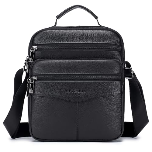SPAHER Shoulder Bag Men Leather Handbag Business Messenger Backpack Crossbody Casual Tote Sling Travel Bag Document Bag with Top-Handle and Adjustable Strap Large Size