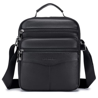 SPAHER Shoulder Bag Men Leather Handbag Business Messenger Backpack Crossbody Casual Tote Sling Travel Bag Document Bag with Top-Handle and Adjustable Strap Large Size