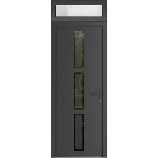 VDOMDOORS Front Exterior Prehung Metal-Plastic Door Frosted Glass | Manux 8112 Antracite Grey | Top Sidelite Transom | Residential Doors Entrance Patio Garage 36 x 94 (W36 x H80+14) Left-Inswing