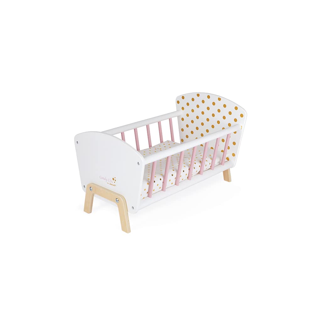 Janod - Candy Chic Doll's Bed Wooden Baby Doll Cradle Ages 3+ - Engaging in Imaginative Play - Stylish Design - Durable Construction and Safe Materials - Includes Bedding