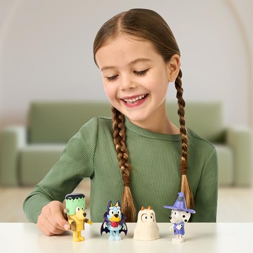 Bluey Figure 4-Packs, Halloween, 2.5 Inch Poseable Figures of Bluey, Bingo, Chloe and Lucky Dressed In Halloween Costumes, With Accessories