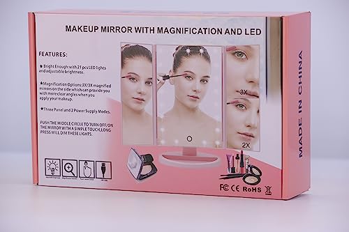 WEILY Makeup Mirror, 1x /2x/3x Trifold Makeup Mirror with 21 LED Lights and Adjustable Touch Screen Mirrors Cosmetic Countertop Mirrors (White)