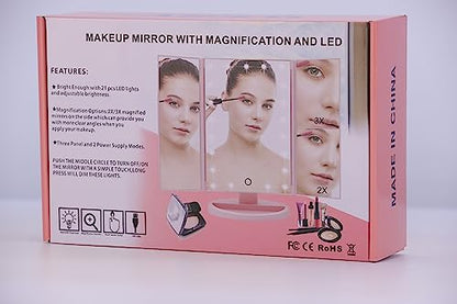 WEILY Makeup Mirror, 1x /2x/3x Trifold Makeup Mirror with 21 LED Lights and Adjustable Touch Screen Mirrors Cosmetic Countertop Mirrors (White)
