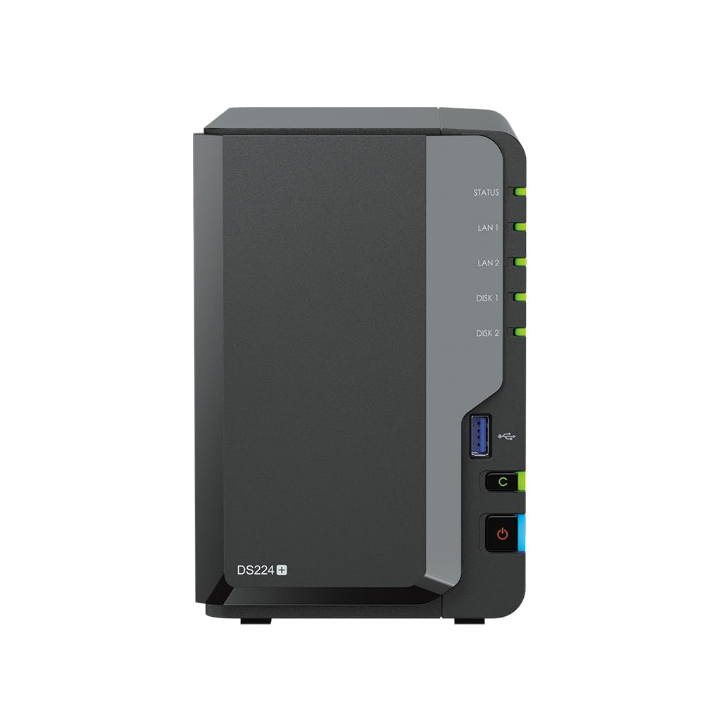 Synology DiskStation DS224+ NAS Server with Celeron 2.0GHz CPU, 6GB Memory, 36TB HDD Storage, 2 x 1GbE LAN Ports, DSM Operating System