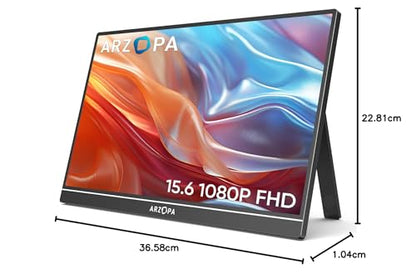 ARZOPA Portable Monitor, 15.6" 1920×1080 FHD IPS Portable Monitor for Laptop with Kickstand, Ultra-Slim Second Screen for Laptop/PC/Mac/PS3/4/5/Xbox - USB C & HDMI Connectivity - A1