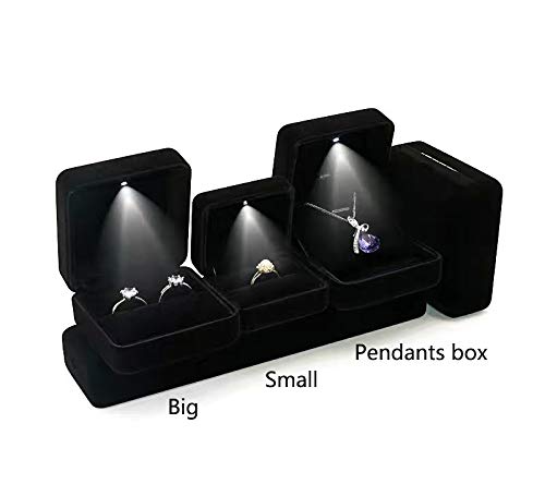 Omeet Velvet Metal Glossy with LED Pendant Box Necklace Box Couple Bracelet Box Jewelry Gift Box Case for Valentine's Day Anniversary Wedding Engagment Christmas - Black