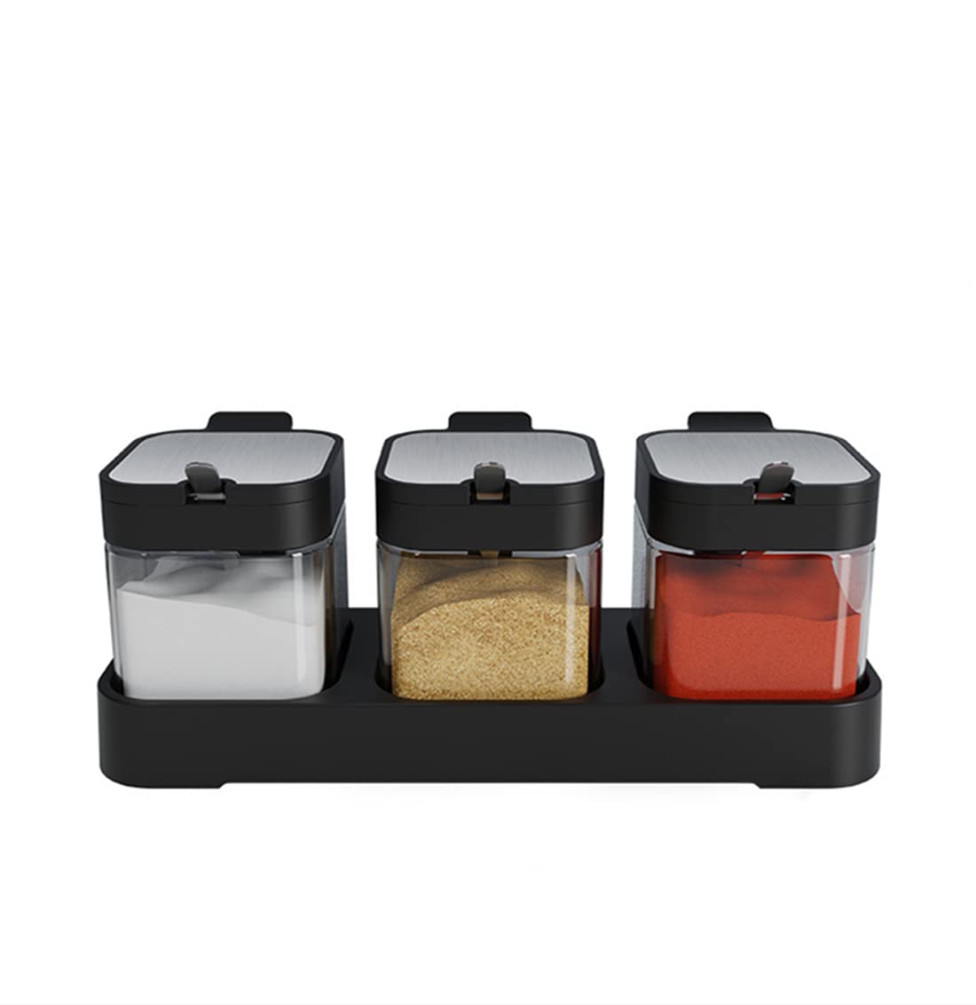 Glass Condiment Spice Jars,5.6Oz/255 ml Condiment Jar Spice Container with Lids and Spoons and Tray,Clear Glass Condiment Canisters Pots for Salt Pepper,Seasoning Box 3 Set for Kitchen Counter