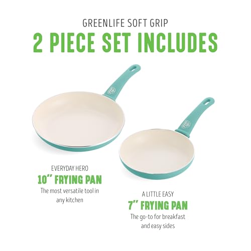 GreenLife Non Stick Fry Pan Set (7" & 10"), Non-Toxic PFAS-Free Ceramic Skillets, Dishwasher & Oven Safe, Egg Omelet Frying Pans, Stay- Cool Handles, Kitchen Home Cooking Essentials, Turquoise