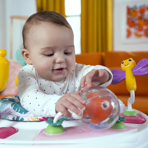 Bright Starts, Bounce Bounce Baby 2-in-1 Activity Center Jumper and Table - Playful Palms with 7 Interactive Toys, Adjustable Height, Storage Bag, 360° Rotation, Ages 6 Months +, Pink