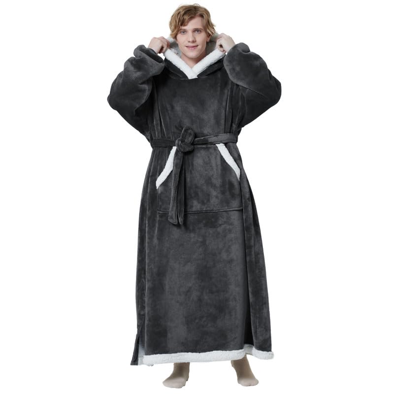 Bedsure Wearable Blanket Hoodie, Long Hooded Blanket Sweatshirt as Christmas Birthday Gifts for Men, Cozy Sherpa Hoodie for Adult, Oversize, Charcoal