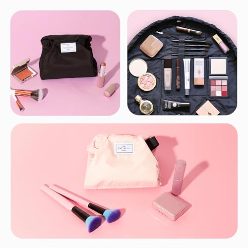 The Flat Lay Co. Makeup Bag - Tropical Leaves Travel Drawstring Makeup Bag with Brush Holder & Large Pockets - Cosmetics Organiser Storage for Eyeshadow, Blushes, Lipstick, & Brushes