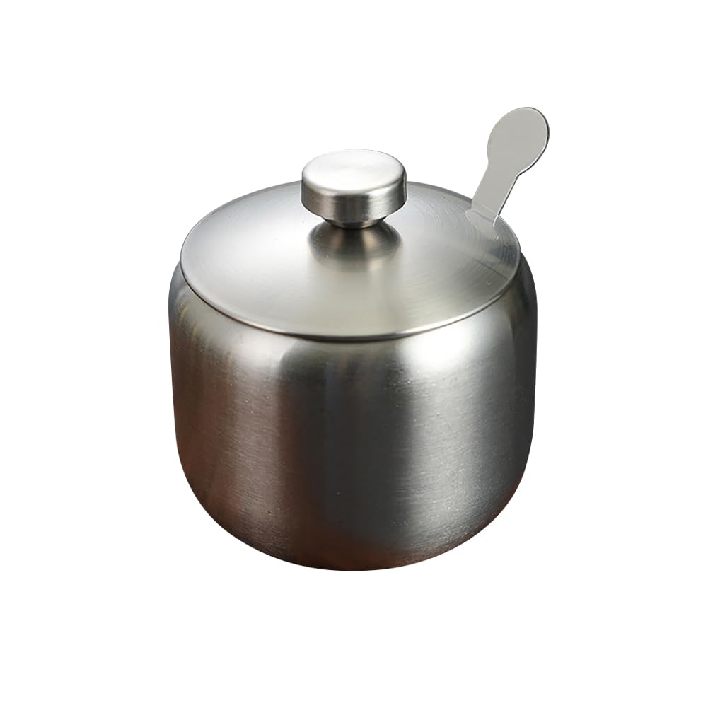 GSHLLO 15 oz Stainless Steel Sugar Bowl with Lid Spoon Round Sugar Jar Pot Salt Storage Holder Jars Kitchen Condiment Canisters Metal Seasoning Spice Containers for All Kinds of Spices Silver