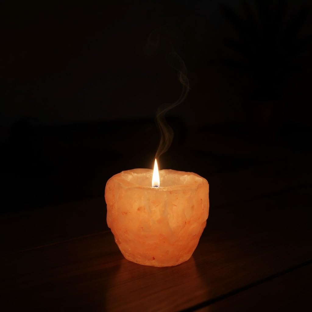 Natural Himalayan Salt Candle Holder, Pink Crystal Tealight Votive, Hand Carved, 3 x 3 x 2.5 Inches, 1-2 Pounds