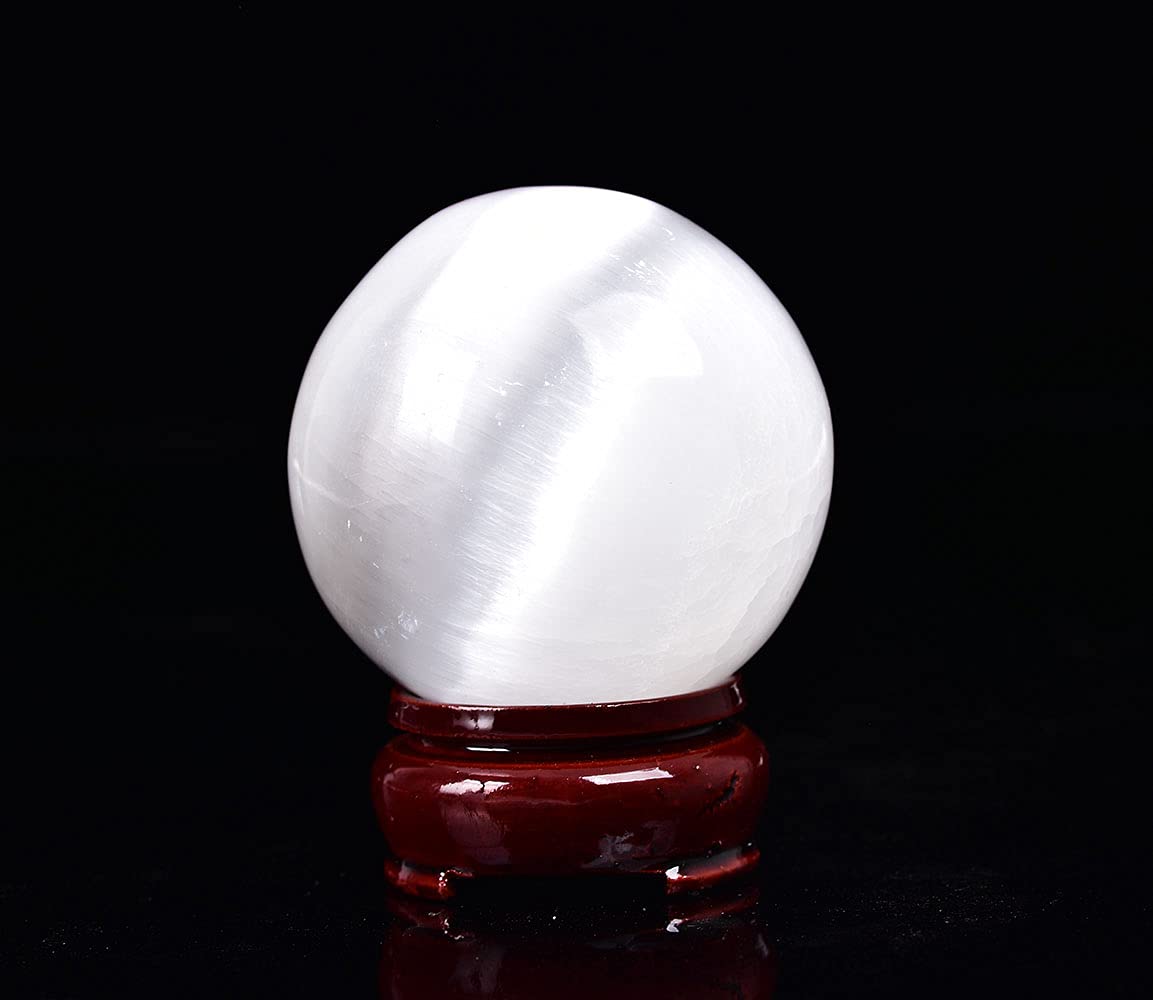 JIC Gem Selenite Crystal Ball with Wooden Stand Healing Crystal Sphere for Meditation, Home Decoration 2-2.3 Inch(50-60mm)