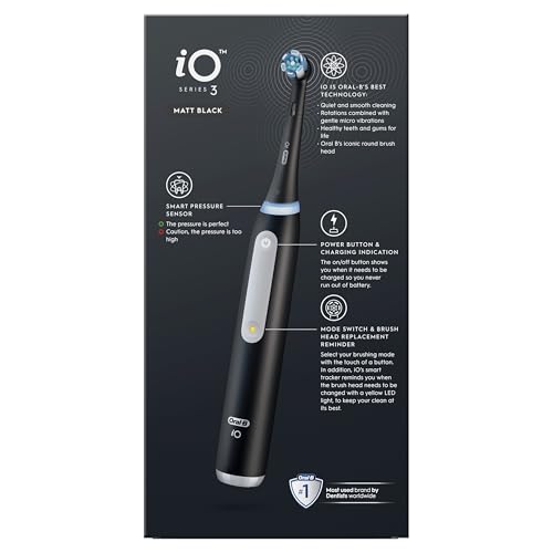 Oral-B iO3 Electric Toothbrushes Adults, Oral B Electric Toothbrush, Gifts for him or her, 1 Toothbrush Head, 3 Modes With Teeth Whitening, Electric Toothbrush, 2 Pin UK Plug, Black
