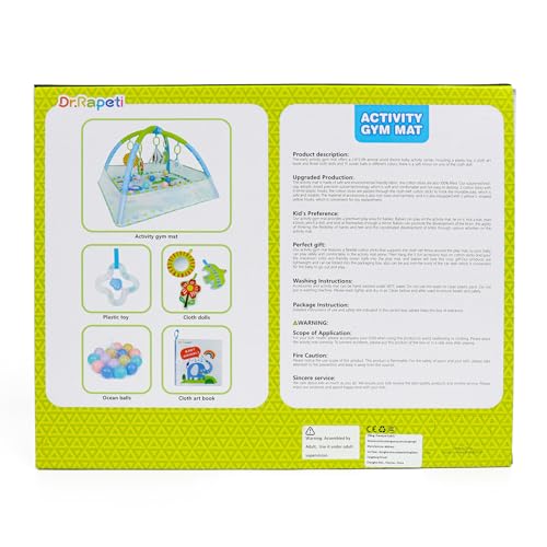 Dr.Rapeti Baby Play Mat, Activity Baby Play Gym with Arch, Playmats & Floor Gyms, Detachable Mirror, Soft Book and Balls Toys, Thick Non Toxic Playmats