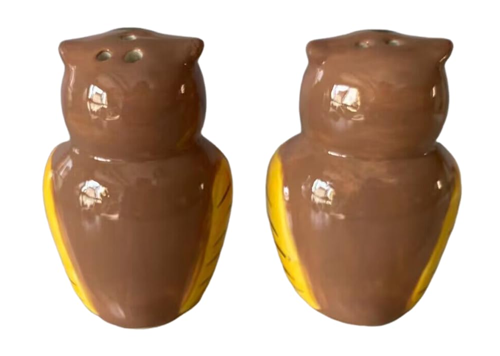 Ceramic Owl Salt and Pepper Shakers, 2-Piece Set | Spice Dispenser Storage Canisters - Brown