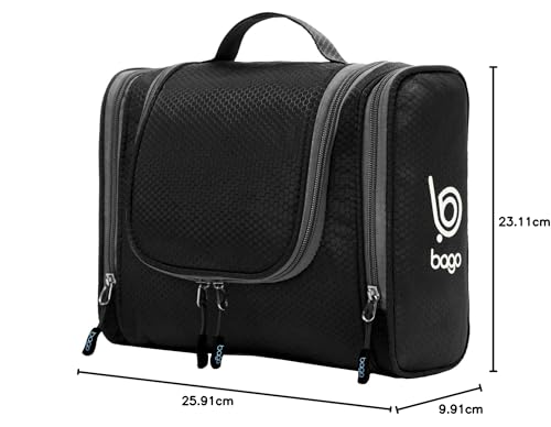 Bago Travel Hanging Toiletry Wash Bag - Large Waterproof Organizer for Women and Men - Cosmetic Essentials (Black)