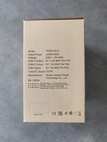 Tower Extension Lead with USB C Slots, TESSAN 8 Way Plug Extension Socket with Switch, Surge Protected Power Strip with 2M Cable for Home, School Supplies