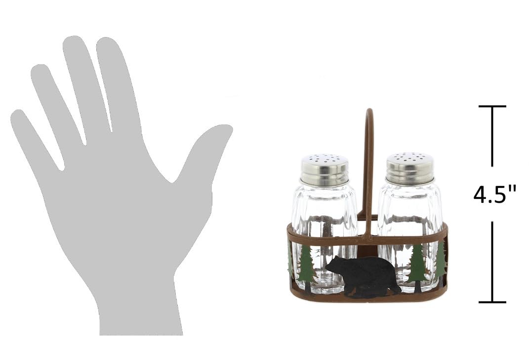 Distinctive Designs Black Bear and Pines Salt and Pepper Shaker Holder Set - 3 Piece Set - Bear Salt and Pepper Shakers - Rustic Lodge Kitchen Tabletop Cabin Decor
