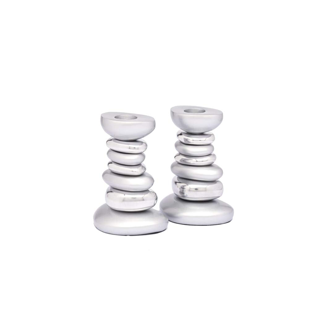 Yaie Emanuel Zen Stone Tower Candlestick Holders for Shabbat and Yom Tov | Anodized Aluminum Modern Design (Silver (CSG-1))