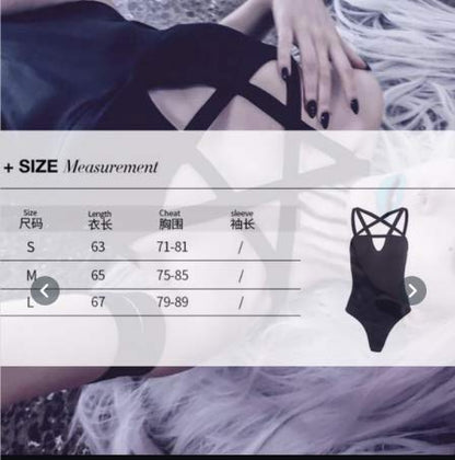 LJJPMLLPZ Women Hollow Out Low Chest Pentagram Bodysuit Gothic Dark Street Jumpsuit (S)