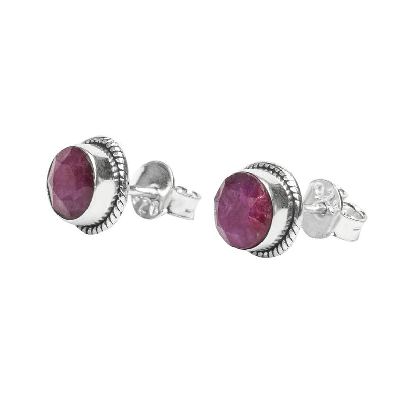 Ruby Stone Stud Post Earrings, 925 Sterling Silver Gemstone Earring 6 MM Round Girl Women Gift