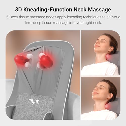 Mynt FSA HSA Eligible 3D Shiatsu Neck and Back Massager for Chair with 10 Deep Kneading Nodes, Adjustable Gray Back Massage with Heat, Portable Massage Chair Pad, Gifts for Father Day