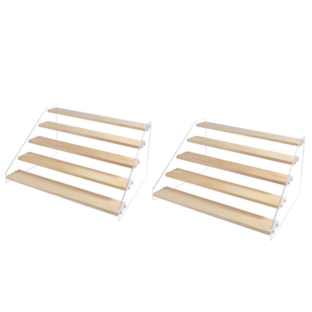 PACKGILO 2 Pack 5 Tier Acrylic Display Stand for Figures Wooden Risers Display Case for Craft Fair Acrylic Cupcake Stand for Dessert Table Top Jewelry Displays for Craft Shows Perfume Shelf (SMALL)