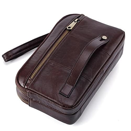 Leather Clutch Bag Wrist Purse for Men Women Business Organizer Wristlet Strap Pouch Coin Money Case Wallet Handbag Cell Phone Holder Daypack Coffee