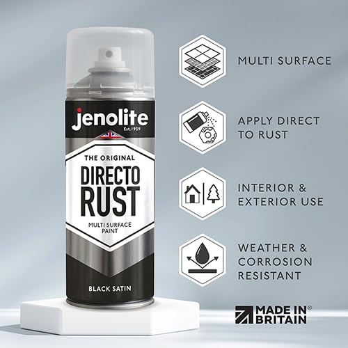 JENOLITE Directorust Spray Paint Satin Finish | BLACK | 400ml | Direct To Rust Spray Paint For Metal | All-In-One Multi Surface Paint for Metal, Wood, Plastic, Ceramic | RAL 9005