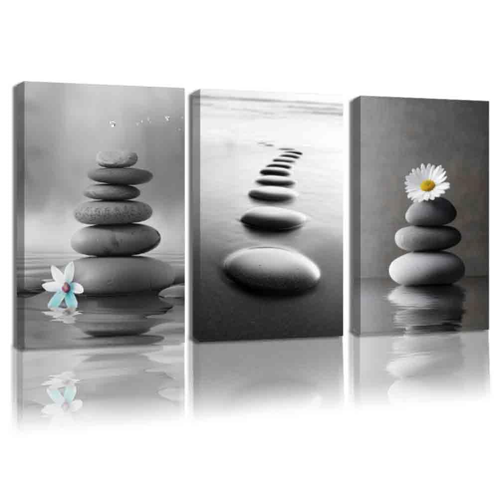 CCWORKERRY 3PCS Zen Stones Canvas Wall Art Black and White Zen Stone Painting Calming Meditation Wall Decor for Yoga Studio Office Spa Bathroom (gray,11W x14L x3)