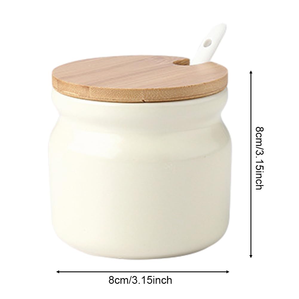 Frinovalt Ceramic Sugar Bowl, Porcelain Sugar Pot with lid and Spoon, 300ml/10.56oz Seasoning Storage Jar Salt Pot Salt Container for Coffee Bar, Home Kitchen(Beige)