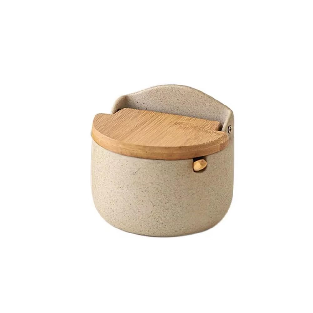 Leadigol Ceramic Seasoning Jar,Seasoning Storage Pot,Salt Spices Storage Box,Bamboo lid Spice Jar with Spoon,Ceramic Condiment Pot for Kitchen