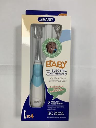 Seago Baby Toothbrush Age 0-2-3 Years Old Electric Toddler Kids Battery Powered Sonic Tooth Brush with Timer LED Light and 4 Soft Brush Heads for 6 Months and Up SG513 (Baby Blue)