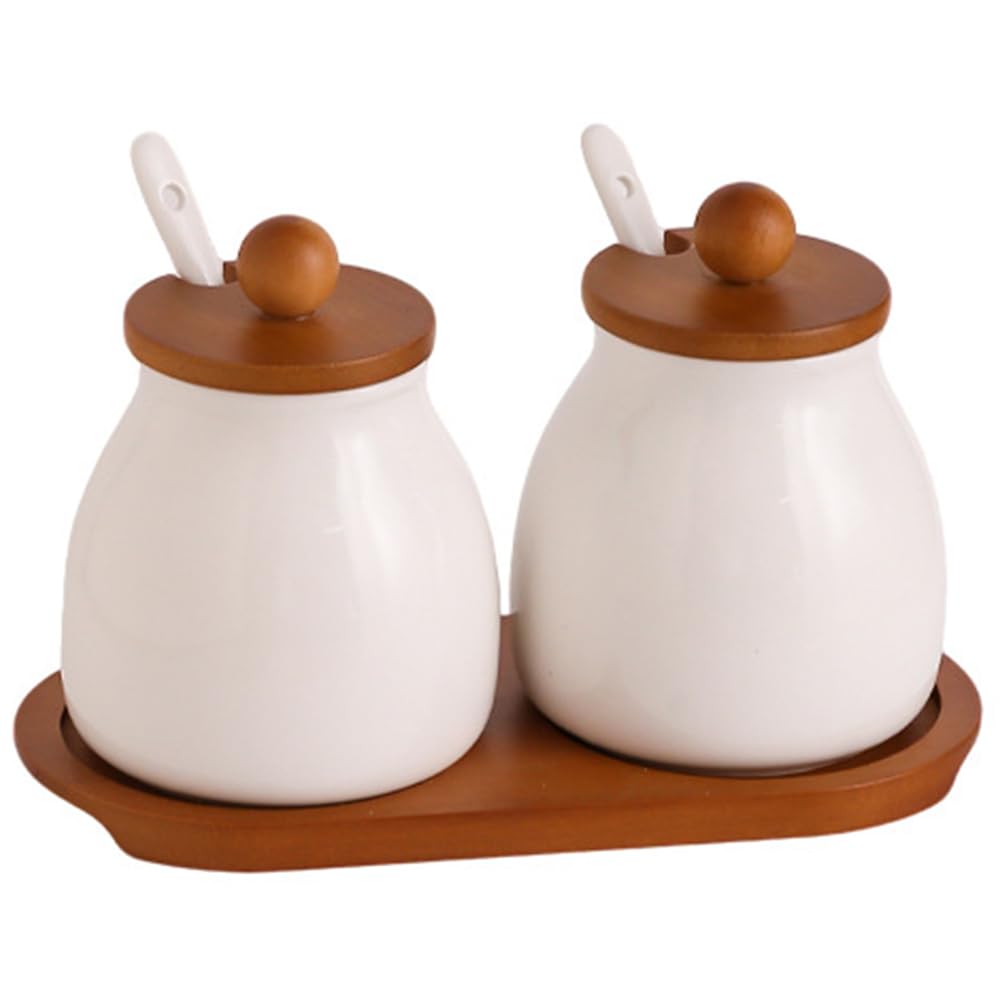 ANQIA Porcelain Condiment Jar Set Spice Jars with Wooden Lids and Tray Ceramic Spice Container with Spoons for Sugar, Salt,Tea, Spices, Coffee (Set of 2)