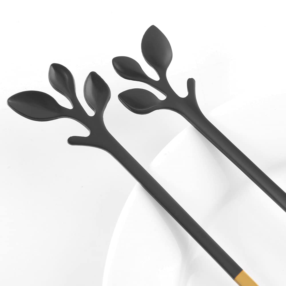 AnSaw Elegant Black & Gold Leaf Coffee Spoons - 10-Piece, 4.7" Mini Spoon