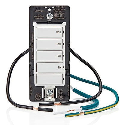 Leviton Countdown Timer Switch for bathroom fan and household lights, 5-10-15-30 min, No Neutral Required, Single Pole, 15A, 1/2 HP/9.8A Fan/Motor, DT130-1LW, White