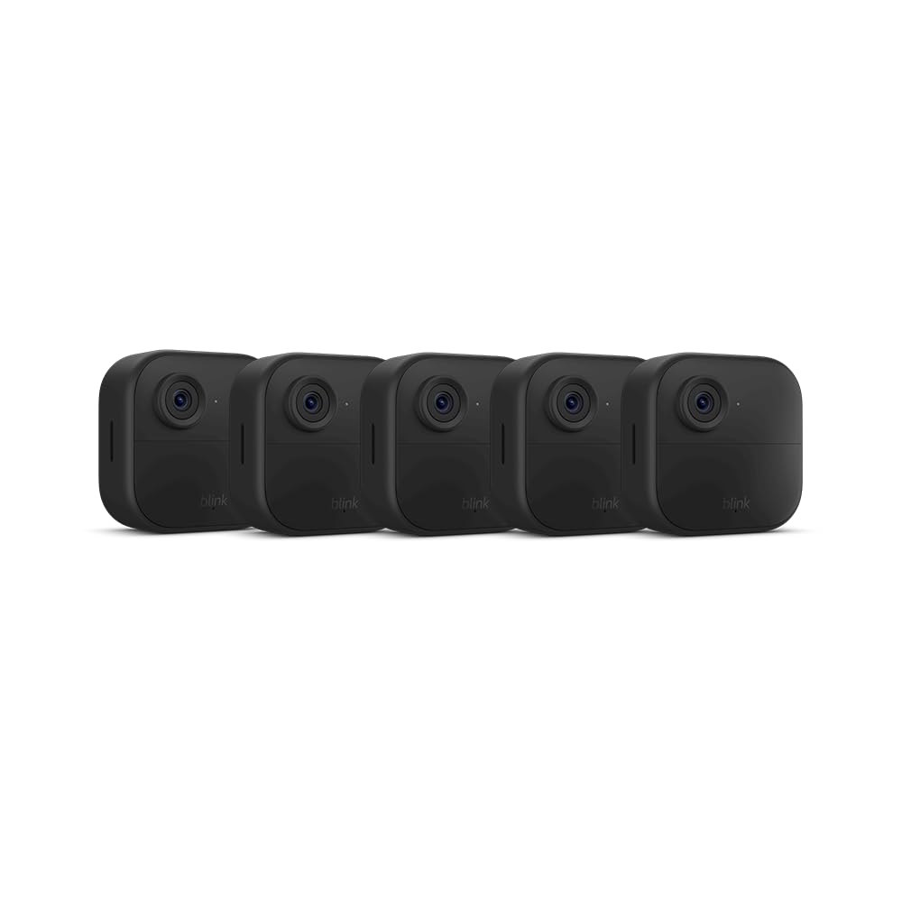 Blink Outdoor 4 (newest model), Wireless smart security camera, two-year battery, 1080p HD day and infrared night live view, two-way talk – 5 camera system