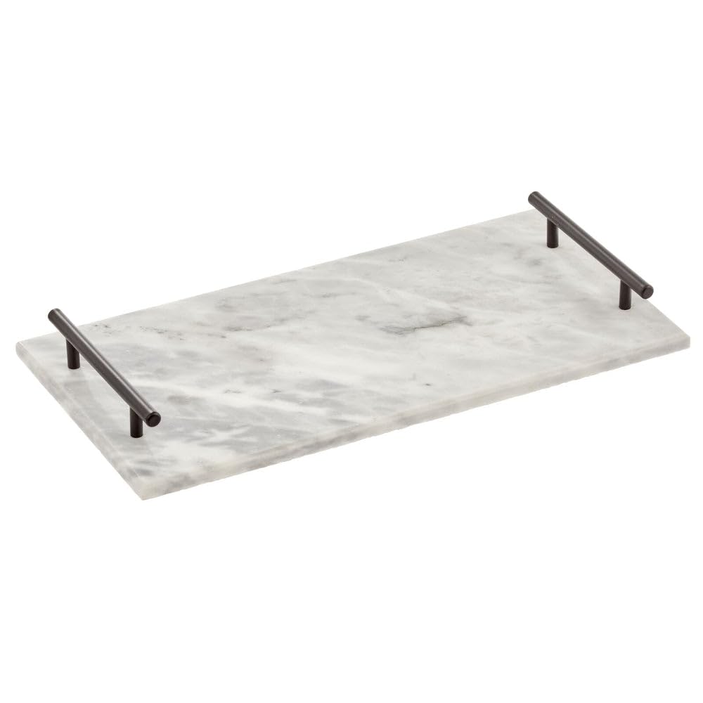 mDesign Thin Marble Pastry Board, Cutting Slab Kitchen Serving Tray with Deco Handles for Baking, Chopping, and Rolling - Serve Bread, Candy, Chocolate, Cheese, and Appetizers - Marble/Black