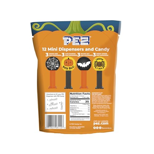 PEZ Candy Mini Halloween Candy Dispensers Trick or Treat Favors, Bag of 12, Orange, 0.32 Ounce (Pack of 1)