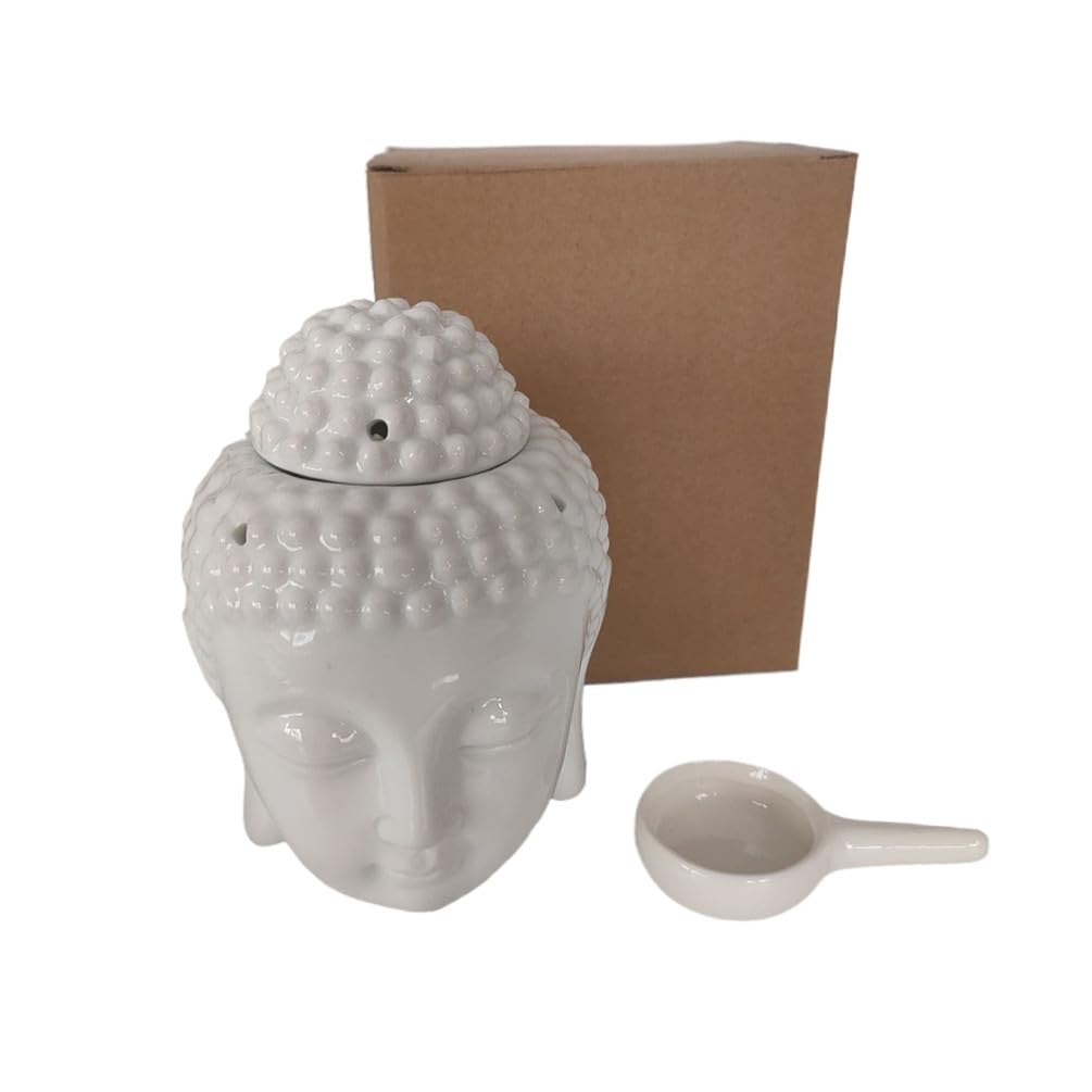 Ceramic Buddha Head Essential Oil Burner with Candle Spoon for Yoga Spa, Aromatherapy Wax Melt Burners Oil Diffuser Tealight Candle Holder for Bedroom Home Garden Decor (White)