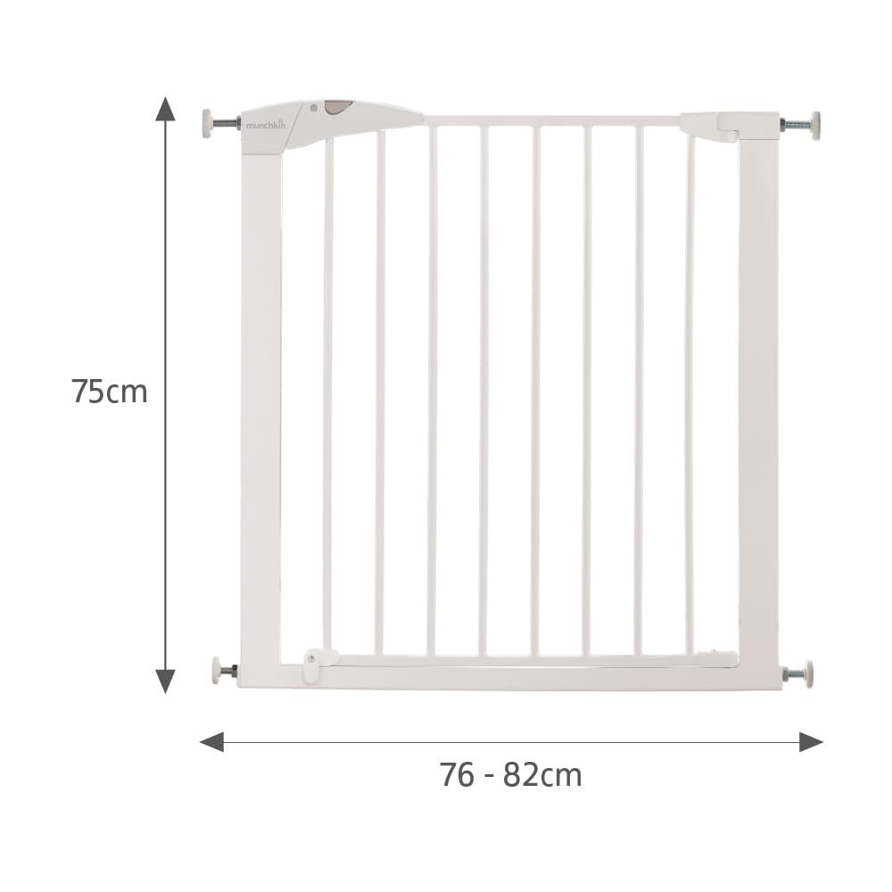 Munchkin Stair Gate Maxi Secure Toddler & Baby Gate 76-82cm extends up to 117cm with separately sold extensions | Pressure Fit Baby Safety & Dog Gate for Doorways | No-Screw Install Child Gate, White
