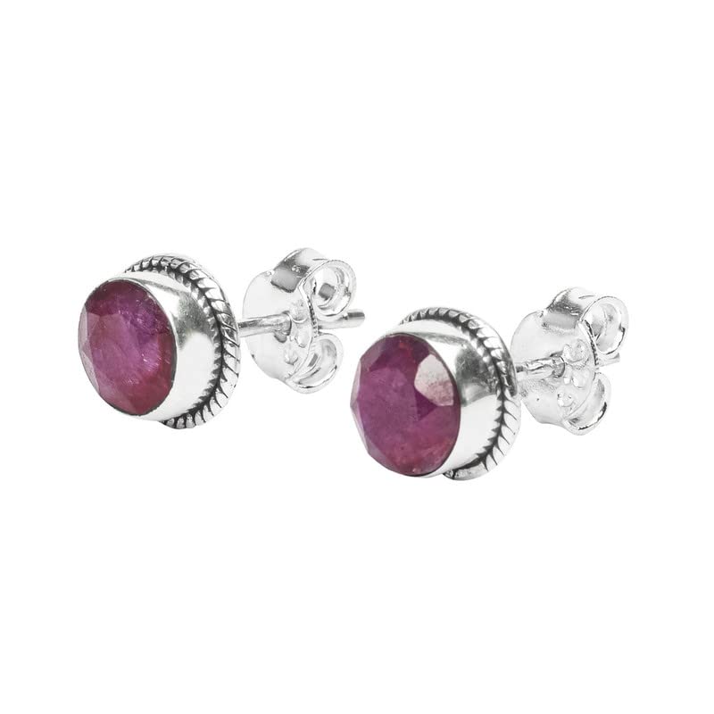 Ruby Stone Stud Post Earrings, 925 Sterling Silver Gemstone Earring 6 MM Round Girl Women Gift