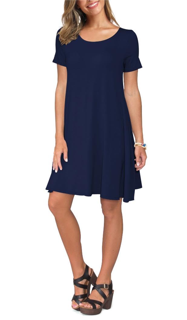 REGAI Women's Summer Casual Short Sleeve Crew Neck T Shirt Dresses Loose Swing with Pockets, NavyBlue, XL