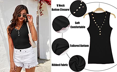 Jauoop Womens V Neck Ribbed Tank Tops Summer Sexy Low Cut Sleeveless Button Down Shirts