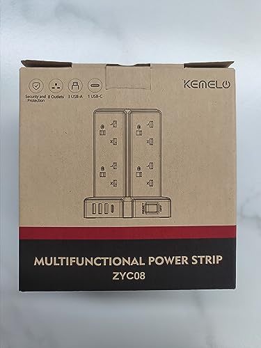 Kemelo Tower Extension Lead with 8 Way Multi Plug & 4 USB Ports (13A 3250W), Mini Power Strip with Switch, 2M Extension Cable Surge Protection for Home, Kitchen, Office